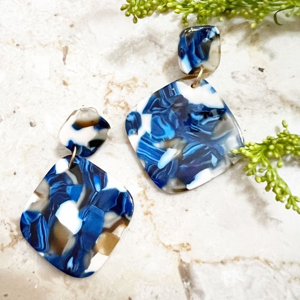 Indigo Blue and Gold Geometric Resin Earrings
